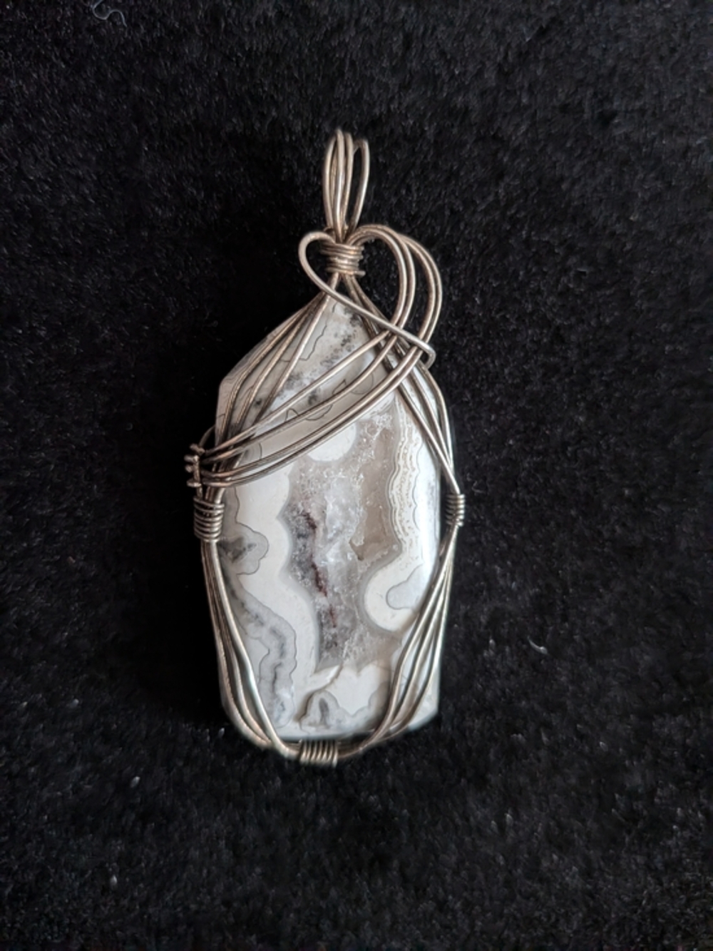 Handcrafted White and Gray Agate Pendant Wrapped in Sterling Silver Wire